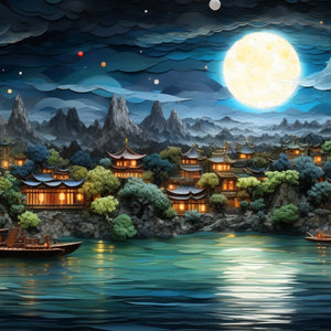 Lake Side View with Moon Diamond Painting