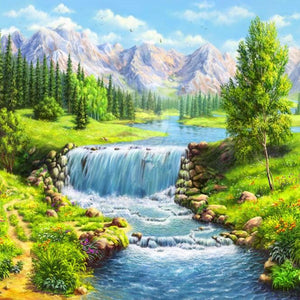 Beautiful Mountains & Flowing Water Stream Diamond Painting