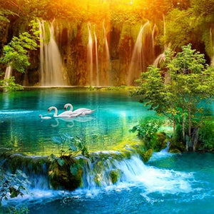 Beautiful Waterfall & Swans Family Diamond Painting