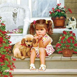 Girl with her Puppy & Kitten Diamond Painting