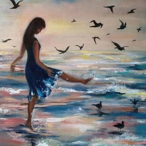 Girl & Birds on the Beach Diamond Painting