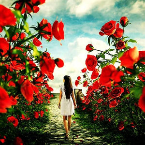 Girl Walking in Rose Garden Diamond Painting
