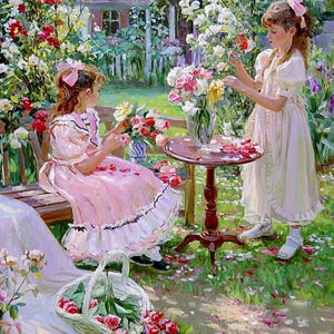 Girls Plucking Flowers Paint by Diamonds