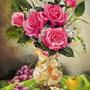 Grapes, Apple & Pink Rose Vase Diamond Painting