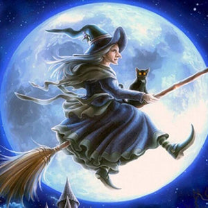 Halloween Witch & Cat on Broom Diamond Painting