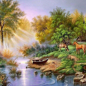 Horses Grazing by the Lake