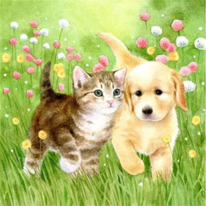 Kitten & Puppy in Garden Diamond Painting