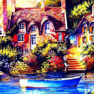 Lake Front House & Boat Diamond Painting