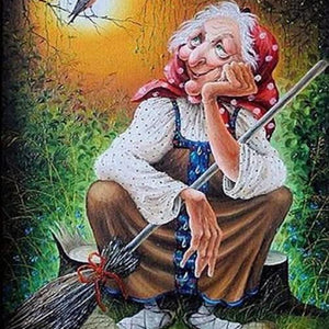 Old Witch with Broom Diamond Painting Kit