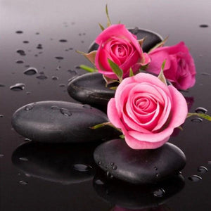 Pink Roses on Black Rocks Diamond Painting
