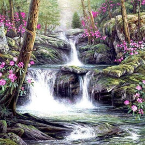 Pink Flowers & Beautiful Waterfall Diamond Painting