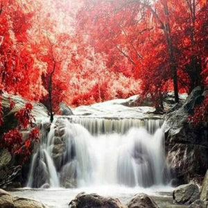 Red Trees & Waterfall Paint by Diamonds