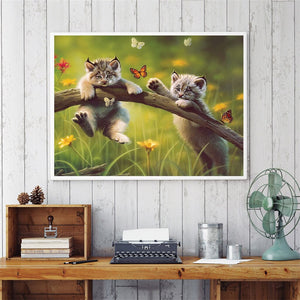 Cute Cat Playing On Tree With Butterfly