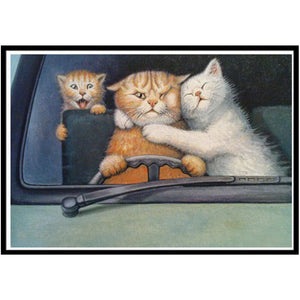 Cat With Family In Car Diamond Painting