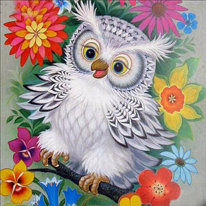 White Cute Owl On Branch With Flowers
