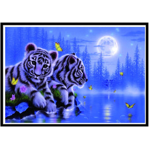 Lovely Tigers In Night With Moon And Butterflies Painting