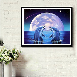 Dolphins With Moon And Stars In Night Painting